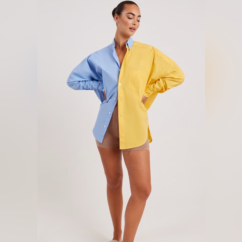 Women’s Dual-Tone Button Down Shirt in Blue and Yellow Oversized